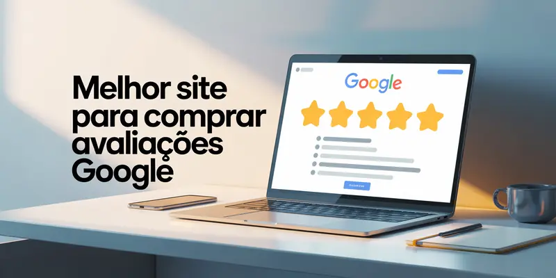 Melhor site para comprar avaliações Google — ilustração com notebook mostrando estrelas